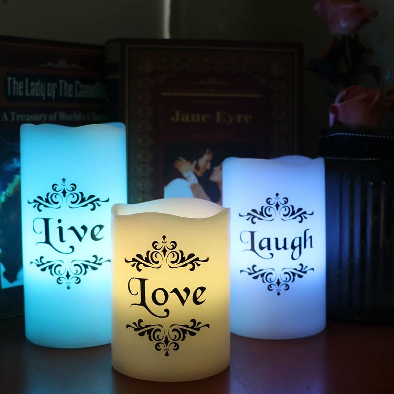 DRomance Color Changing LED Flameless Candles with 18-Key Remote and Timer, Live Love Laugh Decals Battery Operated LED Flickering Pillar Candles Dinner Wedding Decor 3 x 4, 5, 6 - Image 5